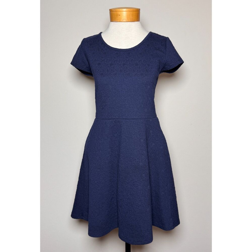 Prince & Fox Navy Blue Textured Fit Flare Skater Dress L Cap Sleeve Stretch Mini - Picture 3 of 7